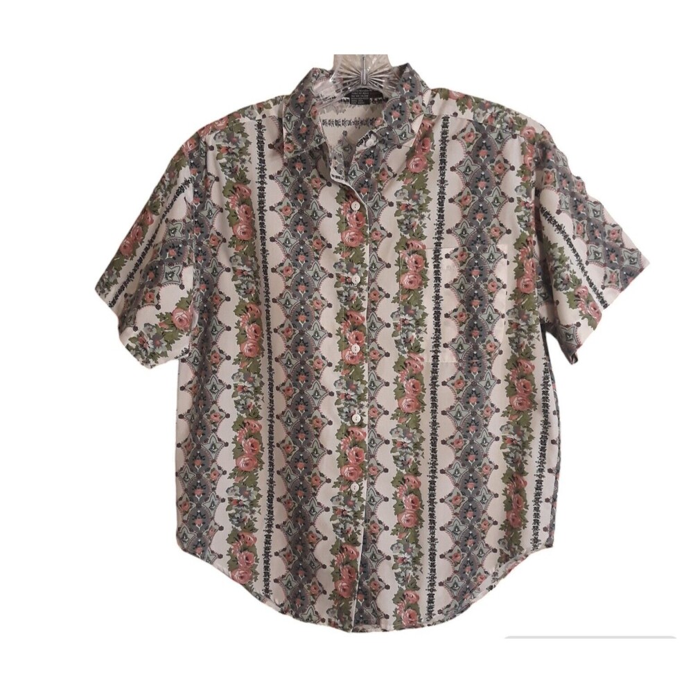 Liz Thomas Shirt Women'Med White Green Pink  Floral Button Down Shoulder Pads